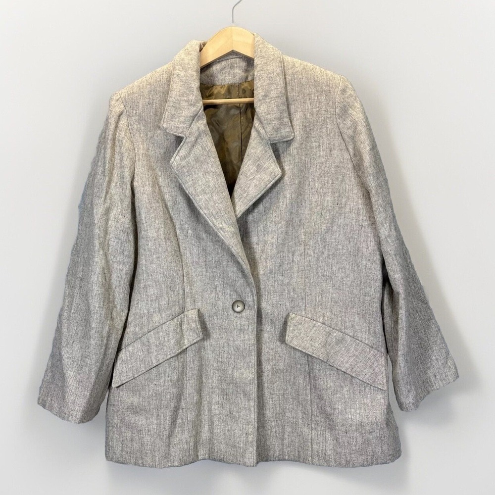 Bill Blass Vintage 90s Wool Blazer Women L Natural Tan Beige Oversized Boyfriend